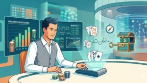 Современная иллюстрация с математическими формулами и картами для статьи о расчете бонусов в блэкджеке